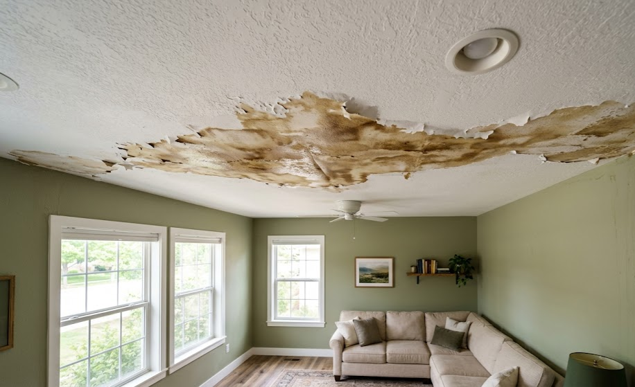 Ceiling water damage with stains and peeling paint in Boise home