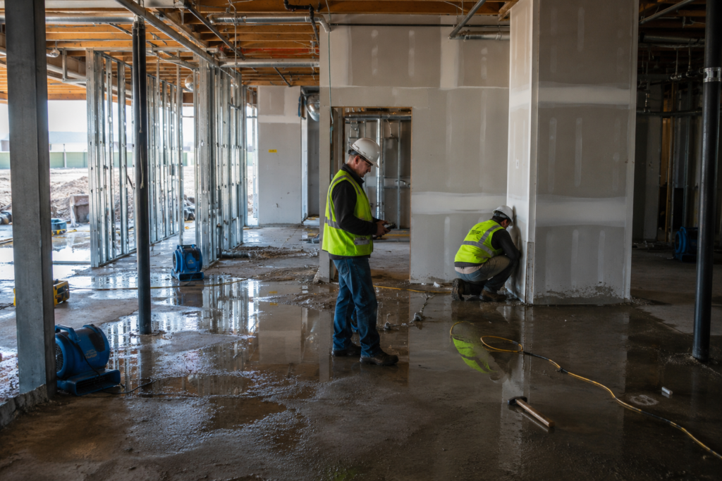 Flooded construction site Water Restoration workers