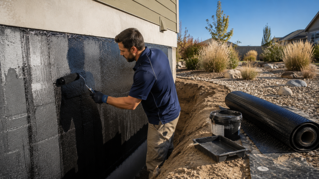 Foundation waterproofing Boise technician applying sealant membrane