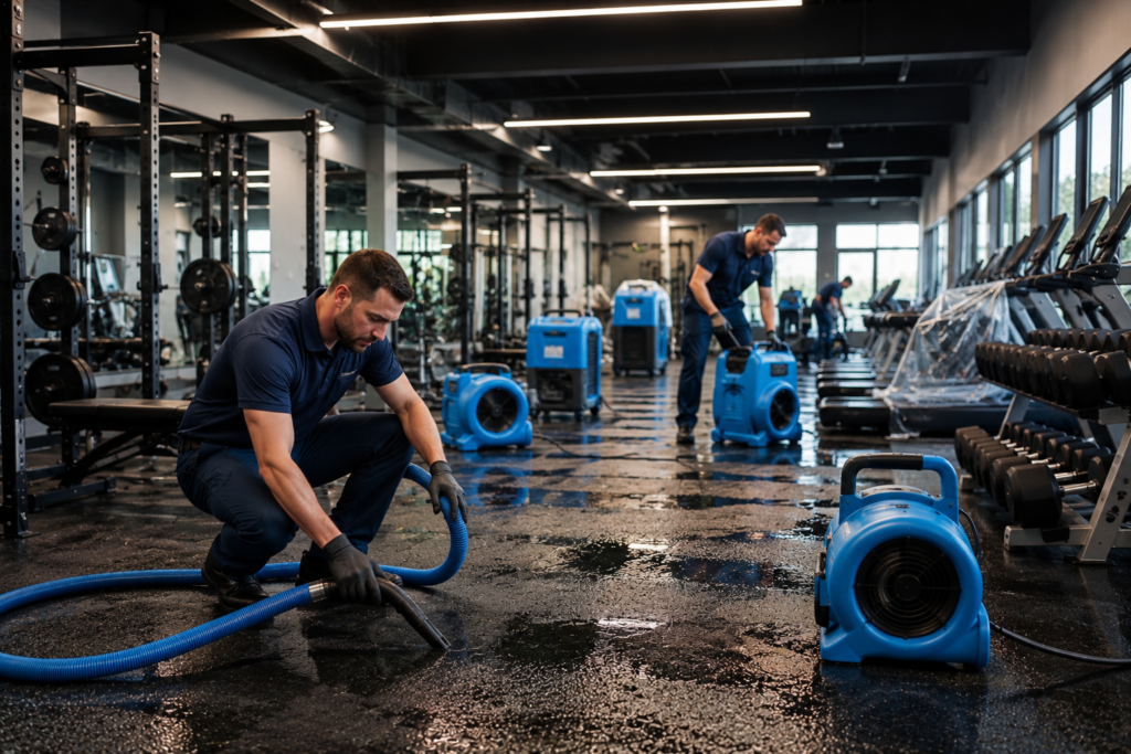 Gym water damage restoration by professional technicians.