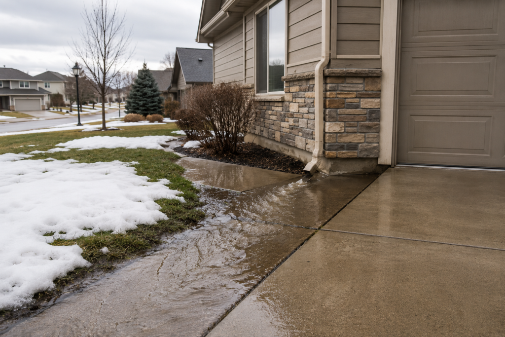 Snowmelt runoff near a Boise home foundation