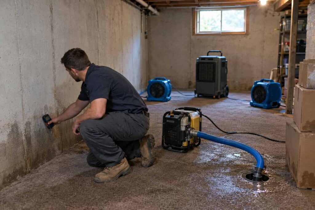 Technician extracting water from a flooded basement in a Hillcrest, Boise home.
