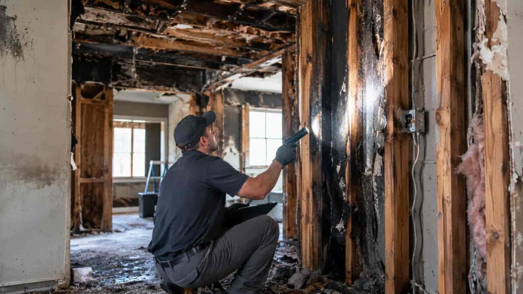 Technician inspecting charred framing after a house fire in Boise