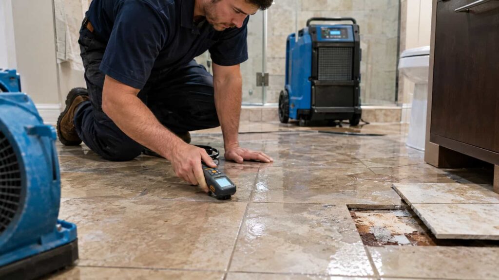 Technician inspecting moisture under damaged bathroom tiles in Boise