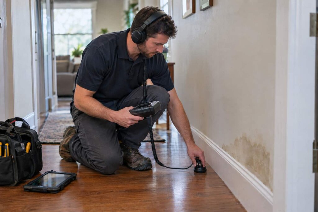 Technician using an acoustic leak detector to find a hidden water leak in Boise