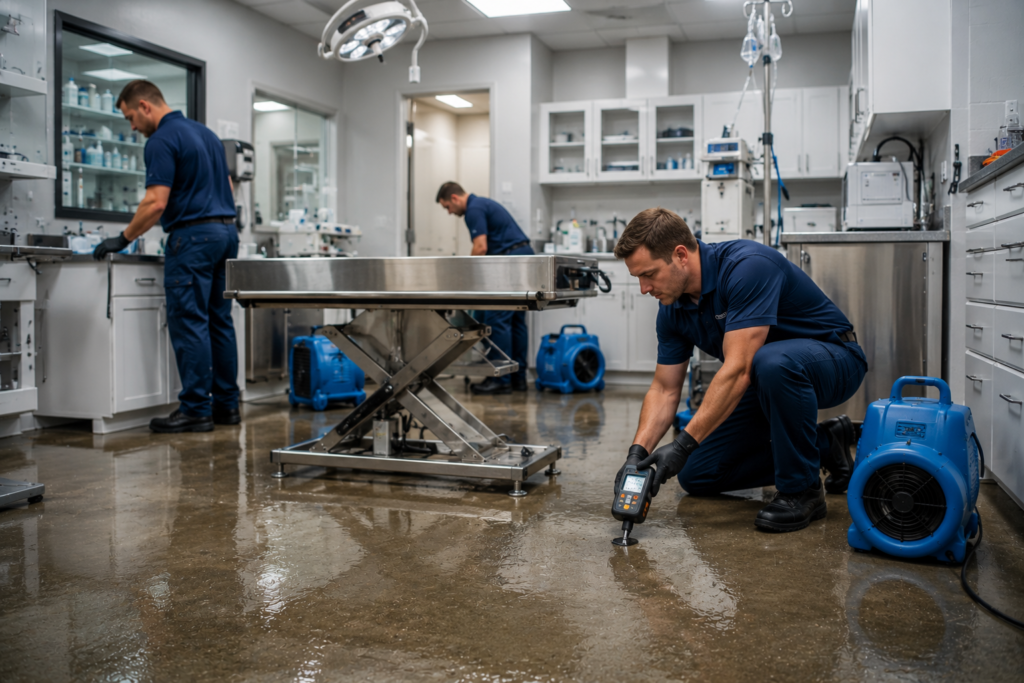 Veterinary clinic water damage restoration by professionals.