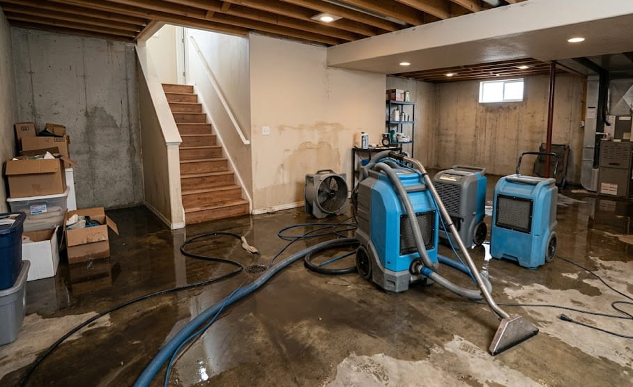 Water extraction equipment removing standing water from a Boise basement