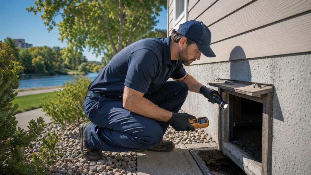 Water extraction services Riverside Boise technician inspecting crawl space.