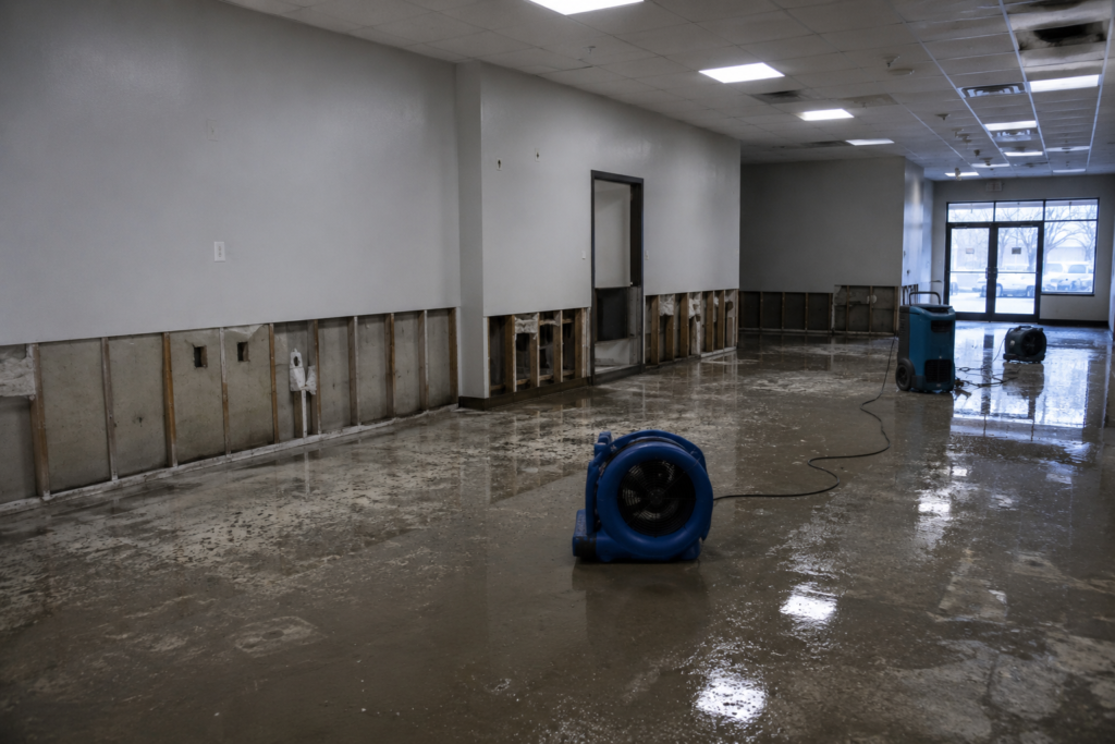 Commercial interior with flood damage, standing water, and drying equipment.