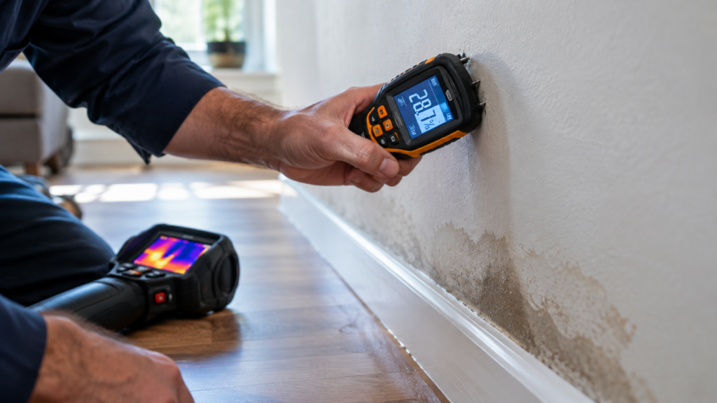 Technician checking wall moisture using a digital meter tool in boise