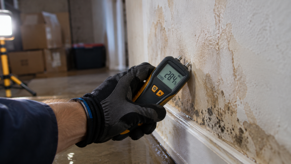 Technician checking moisture in water-damaged basement wall